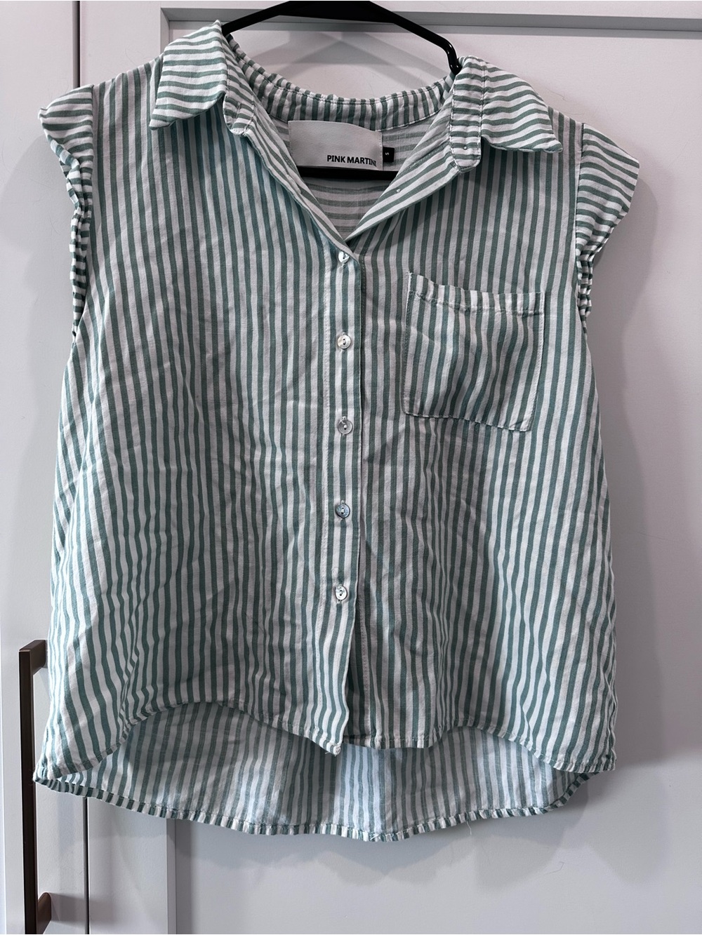 Pink Martini Mint Green and White Striped Sleeveless Button-Down Top - Picture 2 of 5
